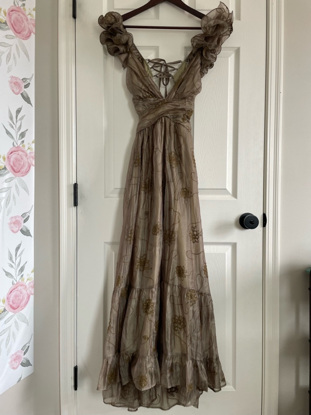Storia Backless Corset Ruffled Maxi Dress in Olive-Taupe-Gold Wedding Guest READ - Picture 2 of 13